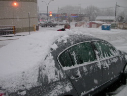 My mom's new car covered by a sudden snow storm