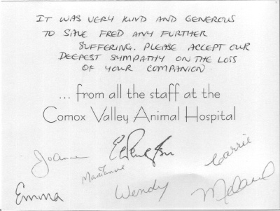 Thank You Note from Comox Valley Animal Hospital