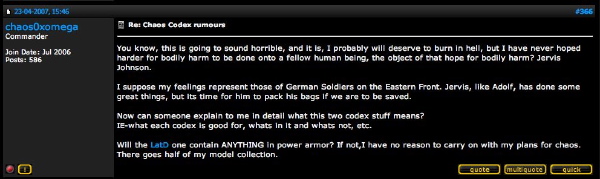 Some guy comparing Jervis Johnson to Hitler for possibly changing the rules to Warhammer 40,000