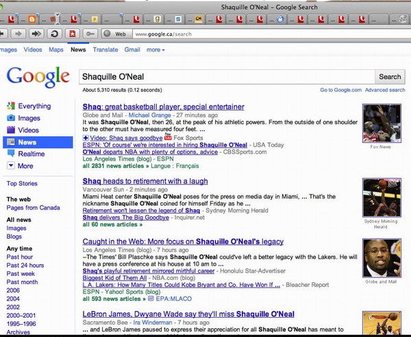 Results for Shaquille O'Neal in Google News