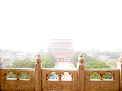 Pollution obscures the Drum Tower in Beijing