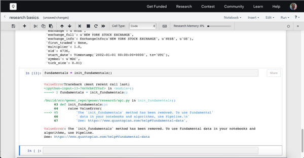 Quantopian notebook with error
