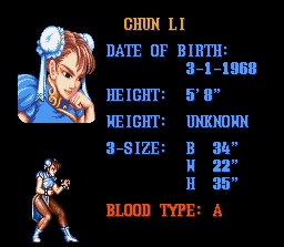 Character Info Screen for Chun Li from a console version