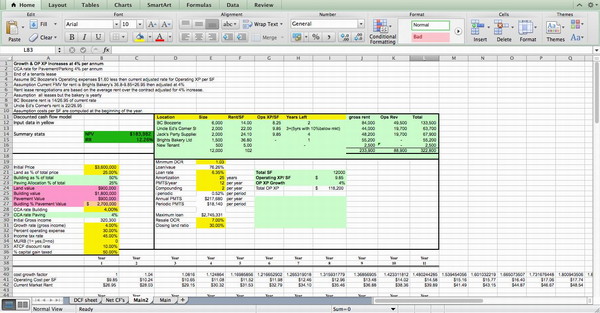 Spreadsheet from an MBA Real Estate Finance class