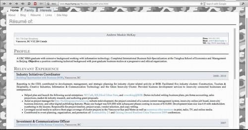 A screen shot of the HTML version of my resume