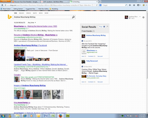My Bing search results with no Junior Dos Santos but plenty of Facebook images